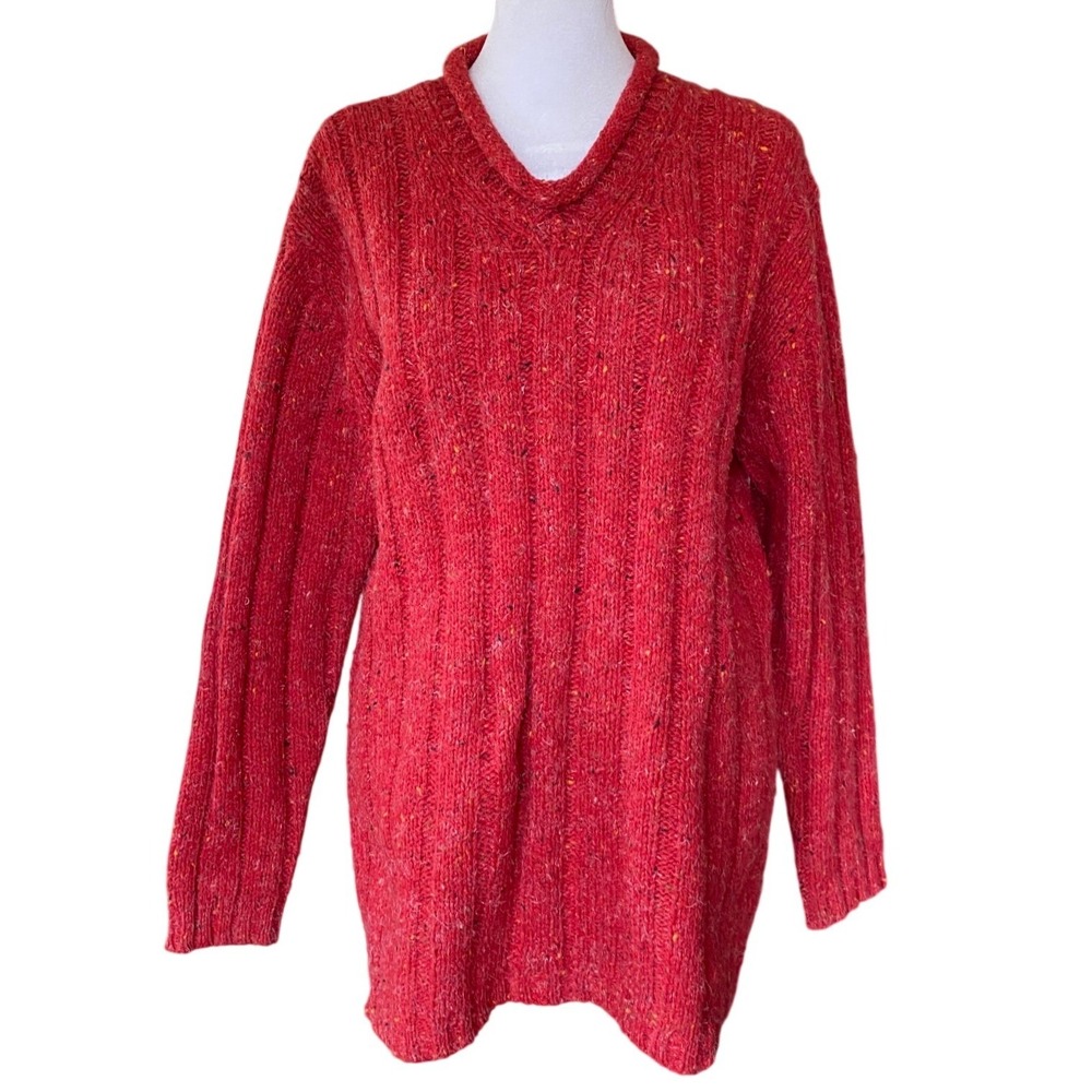 Vintage 1990s Speckled‎ Ribbed Wool Oversized Red Sweater Medium Heritage Cabin
